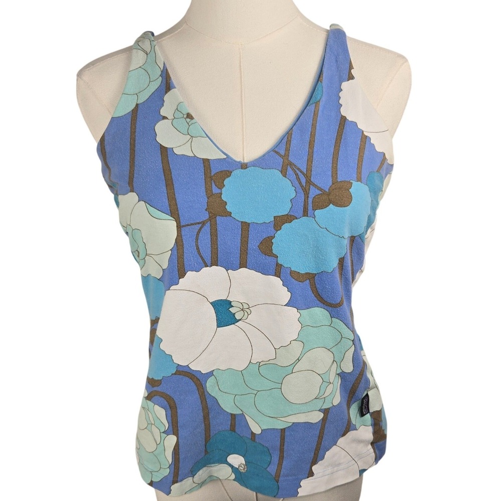 Patagonia Organic Cotton Shelf Bra Tank Top Women's L Blue Floral Yoga